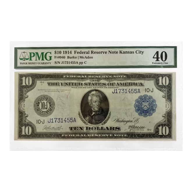 1914 $10 Federal Reserve Currency Note Kansas City PMG XF 40