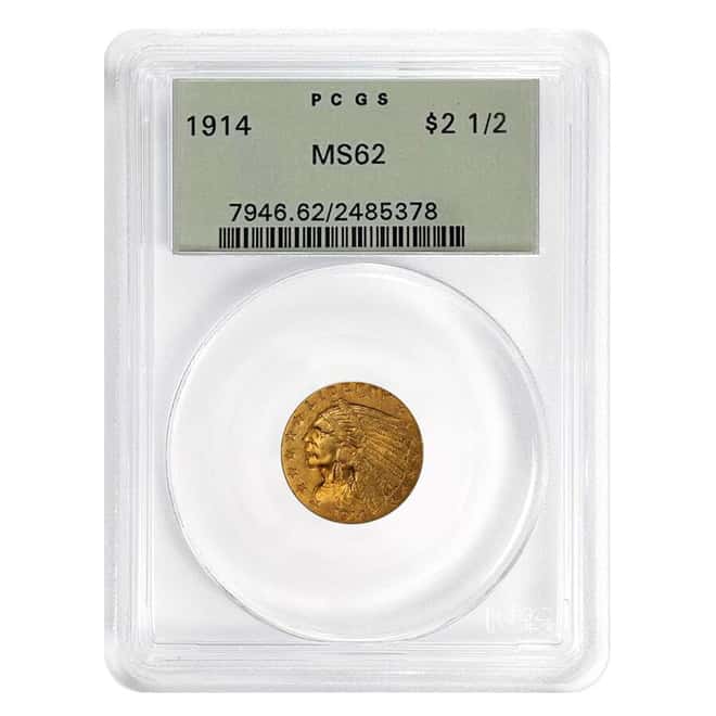 1914 $2.5 Indian Head Quarter Eagle Gold Coin PCGS MS 62
