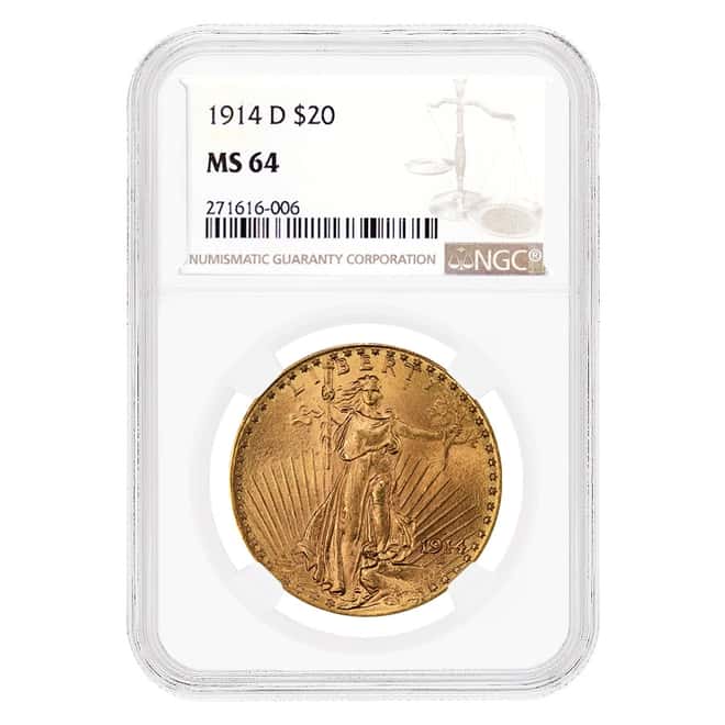 1914 D $20 Gold Saint Gaudens Double Eagle Coin NGC MS 64