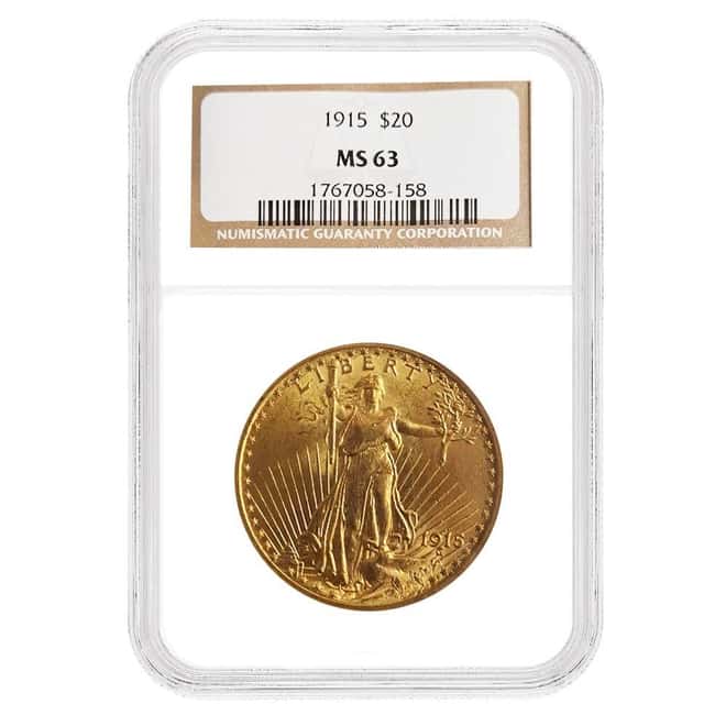 1915 $20 Gold Saint Gaudens Double Eagle Coin NGC MS 63