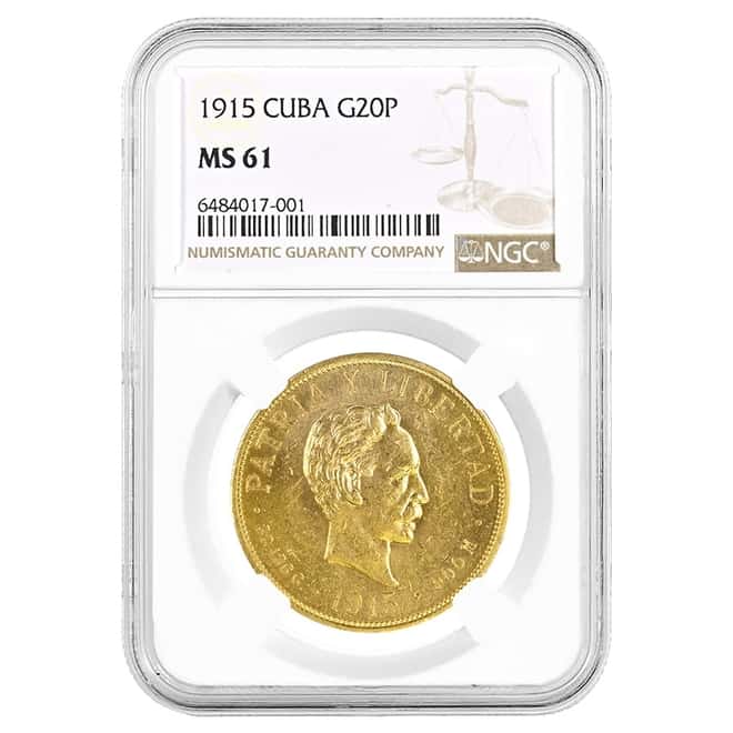 1915 20 Pesos Jose Marti Gold Coin NGC MS 61