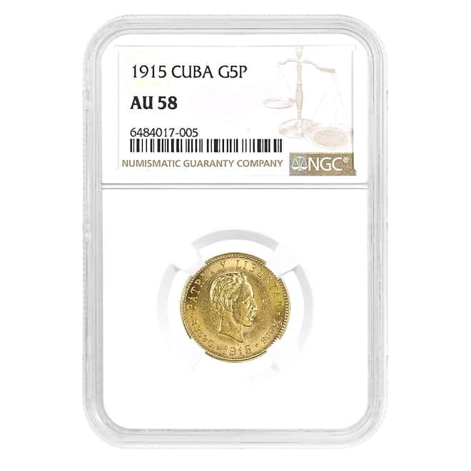 1915 5 Pesos Jose Marti Gold Coin NGC AU 58