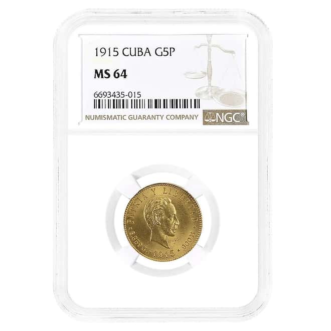 1915 5 Pesos Jose Marti Gold Coin NGC MS 64
