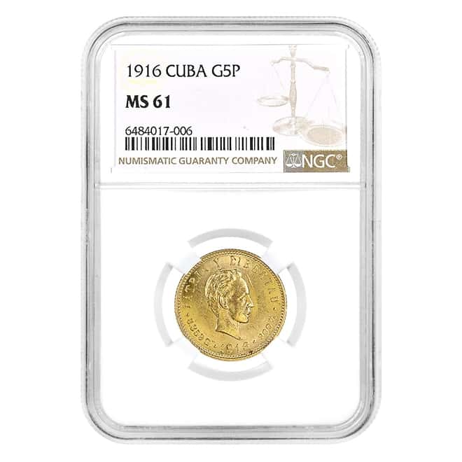 1916 5 Pesos Jose Marti Gold Coin NGC MS 61