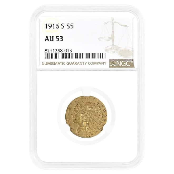 1916-S $5 Indian Head Half Eagle Gold Coin NGC AU 53