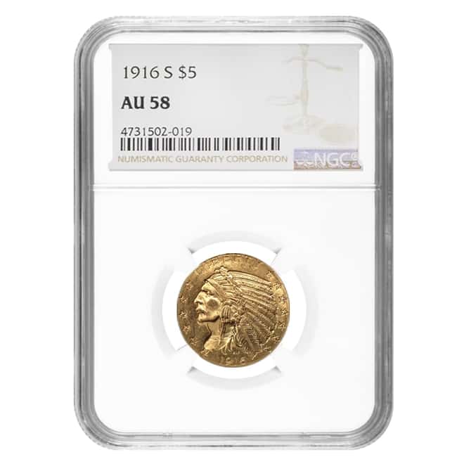 1916 S $5 Indian Head Half Eagle Gold Coin NGC AU 58