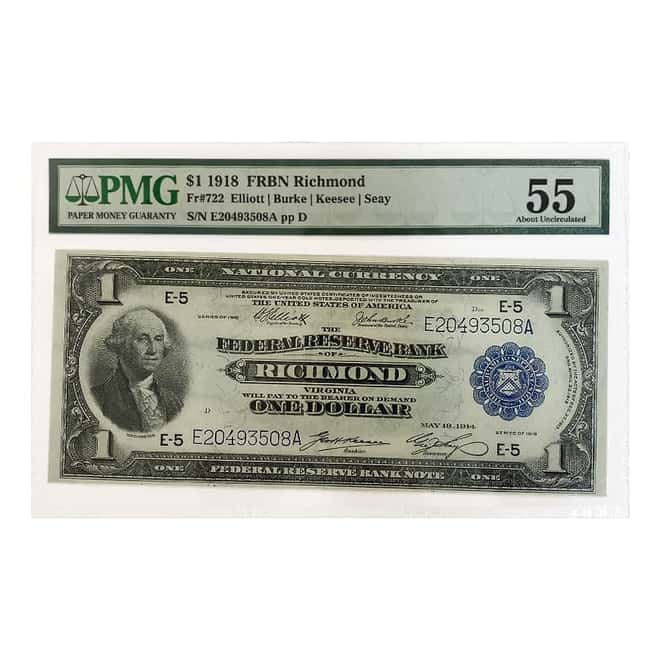 1918 $1 Federal Reserve Currency Note Richmond PMG AU 55