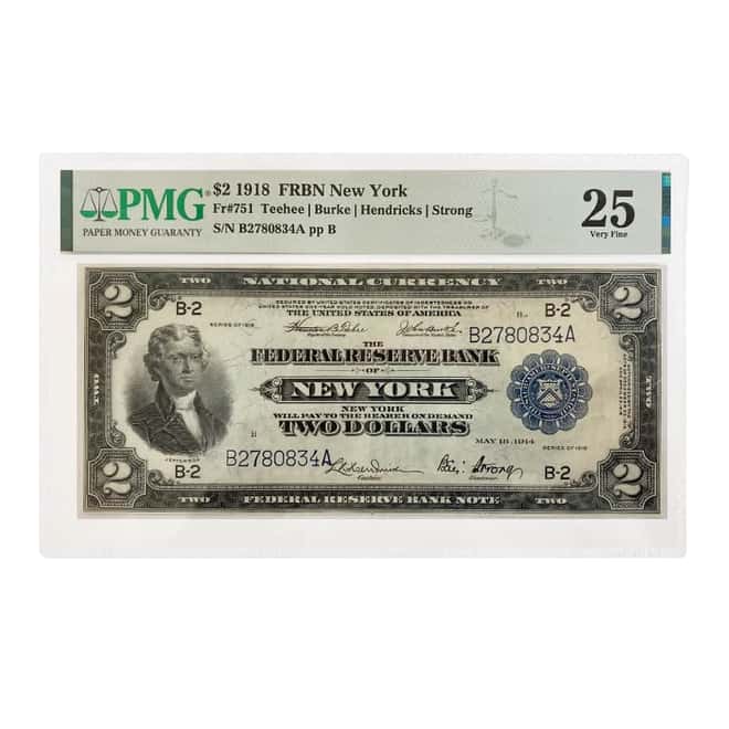 1918 $2 Federal Reserve Currency Note New York PMG VF 25