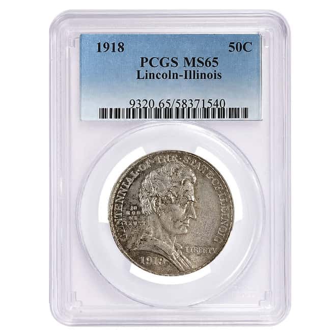 1918 Lincoln-Illinois 90% Silver Half Dollar 50C Commemorative Coin PCGS MS 65