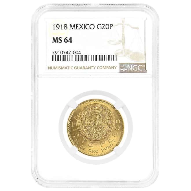 1918 Mexico 20 Pesos Gold Coin NGC MS 64
