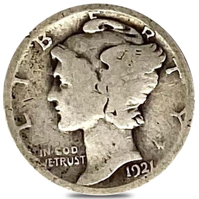 1921 Mercury Dime 90% Silver Coin Good