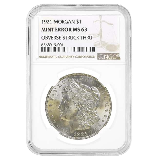 1921 Morgan Silver Dollar $1 NGC MS 63 Mint Error (Obverse Struck Thru)