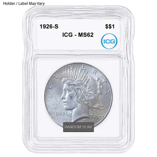 1922-1935 Peace Silver Dollar $1 ICG MS 62 (Random Year)