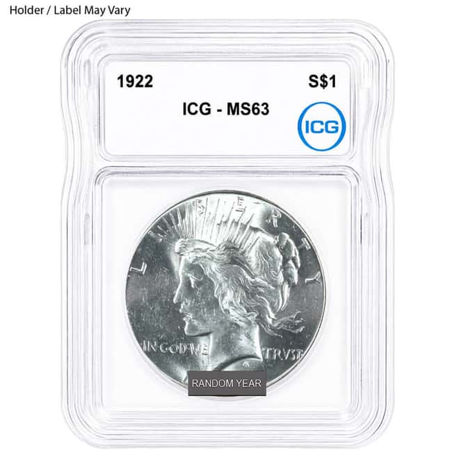 1922-1935 Peace Silver Dollar $1 ICG MS 63 (Random Year)