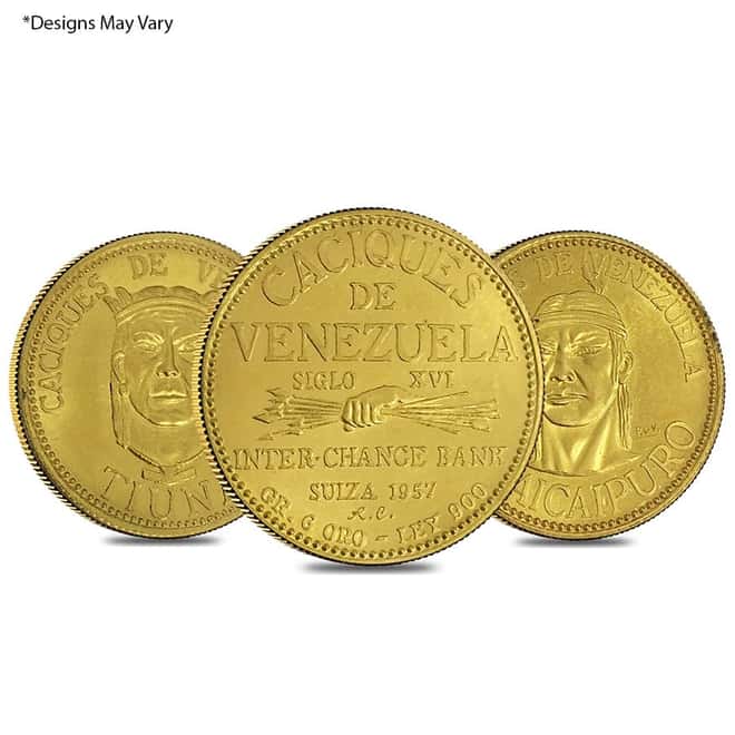 1957 Venezuela 20 Bolivares Indian Chiefs Gold Coin AGW .1736 oz AU/BU (Random Design)
