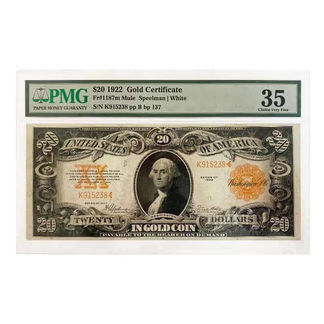 1922 $20 Gold Certificate Currency Note Speelman White PMG VF 35
