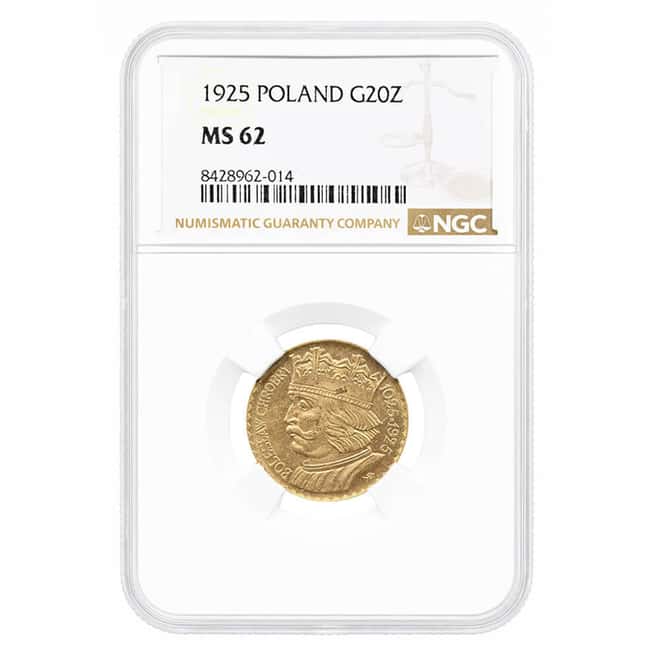 1925 Poland 20 Zlotych Boleslaw I Gold Coin NGC MS 62