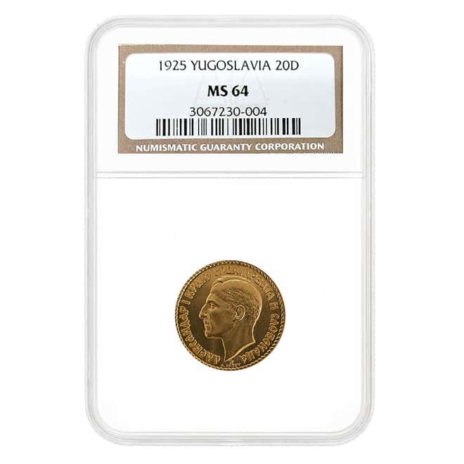 1925 Yugoslavia 20 Dinara Alexander I Gold Coin NGC MS 64
