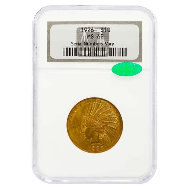 1926 $10 Indian Head Gold Eagle Coin NGC MS 62 CAC