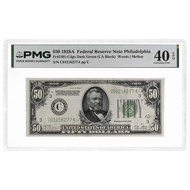 1928 A $50 Federal Reserve Note Philadelphia PMG XF 40 EPQ