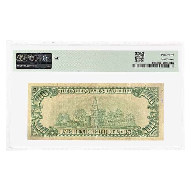 1928 $100 Gold Certificate Currency Note Woods Mellon PMG VF 25 (Ink)