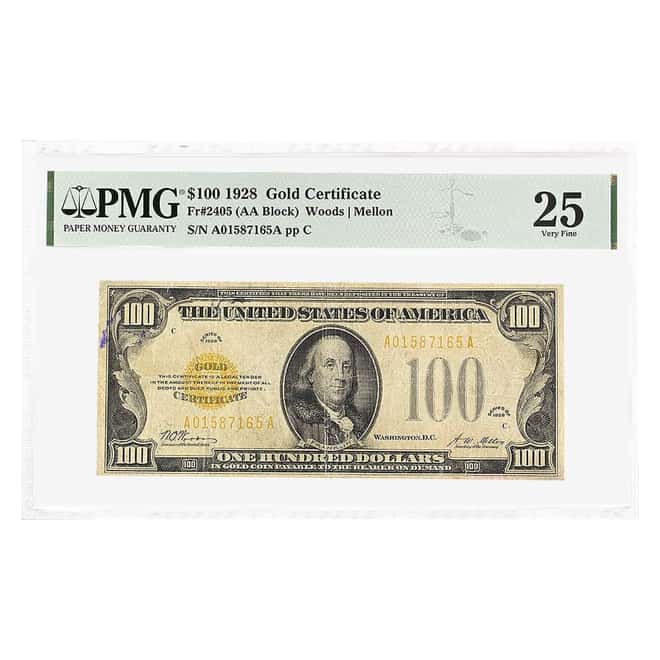 1928 $100 Gold Certificate Currency Note Woods Mellon PMG VF 25 (Ink)