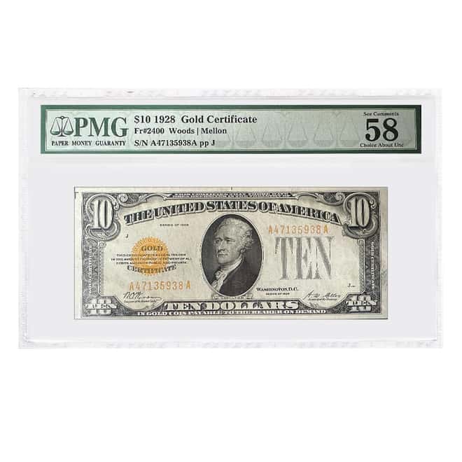 1928 $10 Gold Certificate Currency Note Woods Mellon PMG AU 58