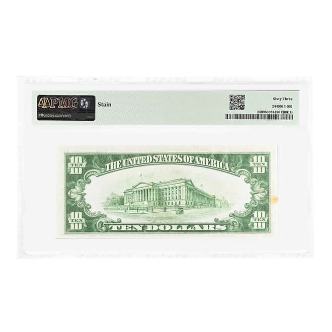 1928 $10 Gold Certificate Currency Note Woods Mellon PMG CU 63 (Stain)