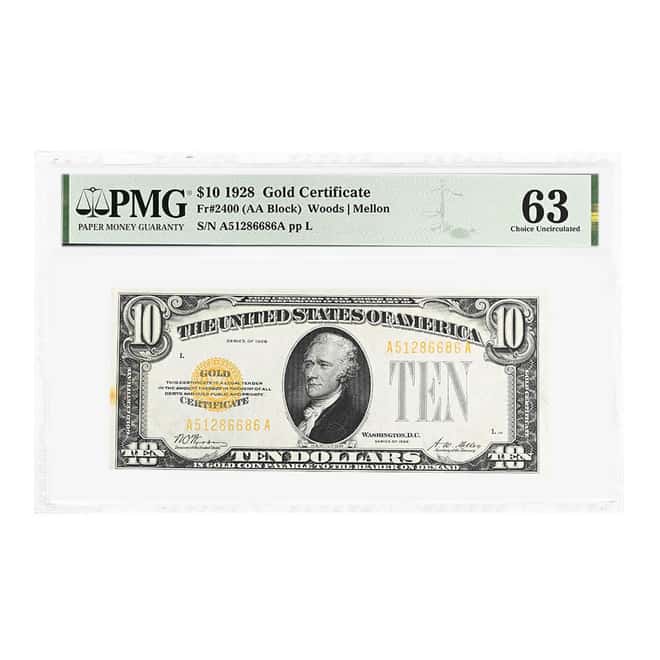 1928 $10 Gold Certificate Currency Note Woods Mellon PMG CU 63 (Stain)
