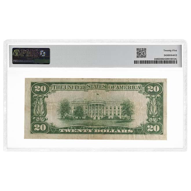 1928 $20 Gold Certificate Currency Note Woods Mellon PMG VF 25