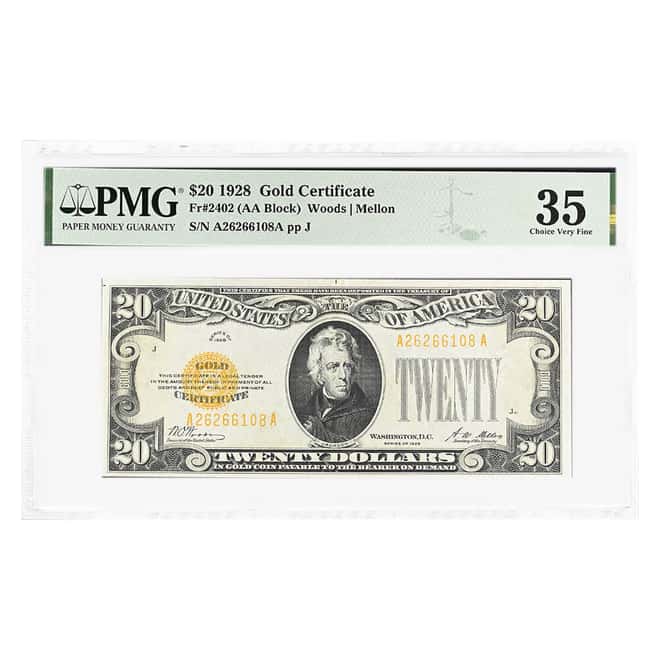 1928 $20 Gold Certificate Currency Note Woods Mellon PMG VF 35