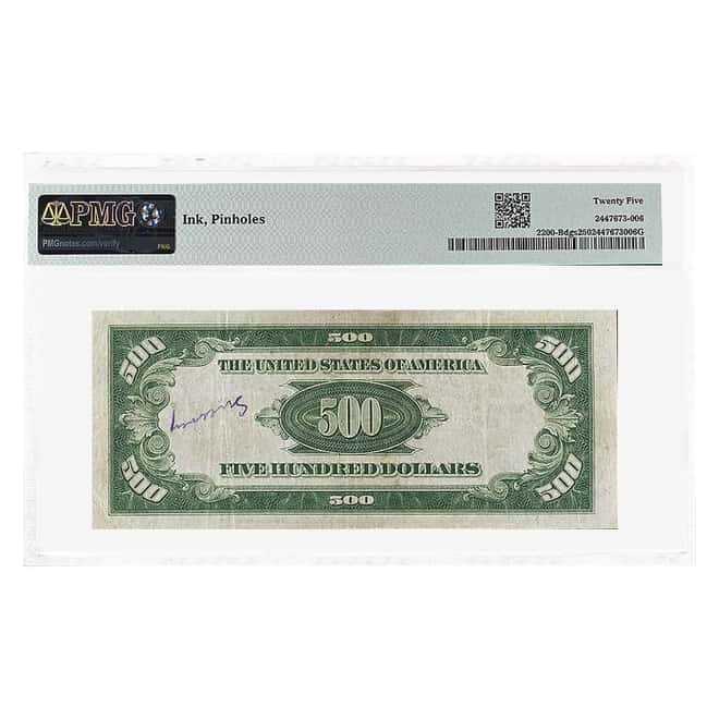 1928 $500 Federal Reserve Currency Note New York PMG VF 25 (Ink, Pinholes)