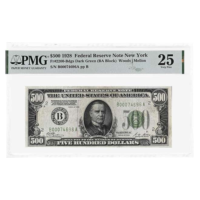 1928 $500 Federal Reserve Currency Note New York PMG VF 25 (Ink, Pinholes)