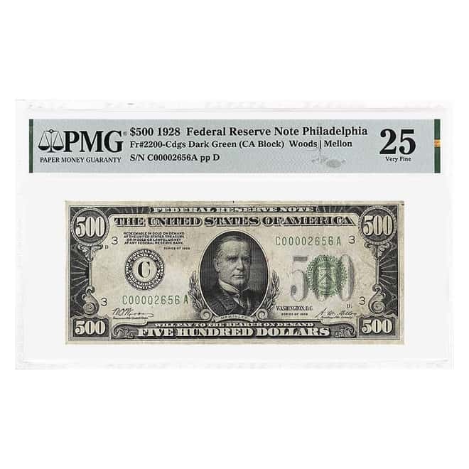 1928 $500 Federal Reserve Currency Note Philadelphia PMG VF 25 (Minor Ink)