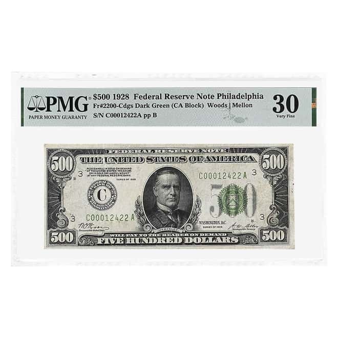 1928 $500 Federal Reserve Currency Note Philadelphia PMG VF 30 (Pinholes)