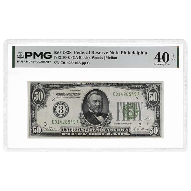 1928 $50 Federal Reserve Note Philadelphia PMG XF 40 EPQ