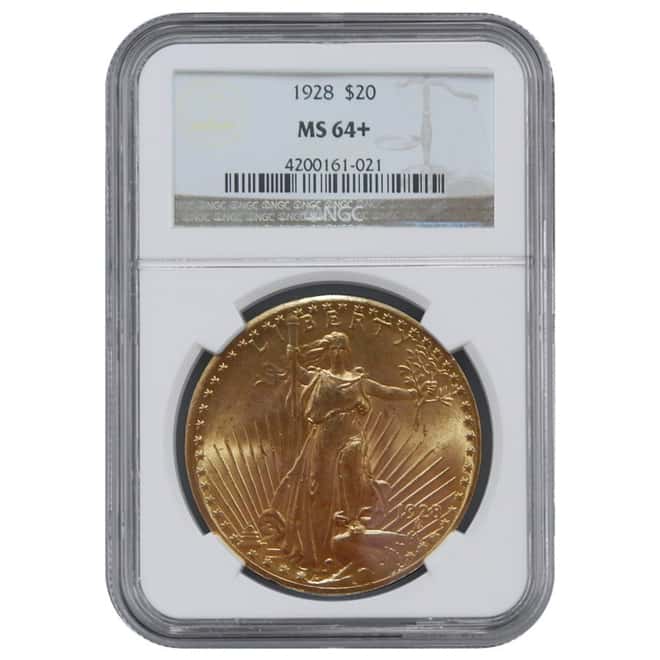1928 $20 Gold St. Gaudens Double Eagle Coin NGC MS 64+