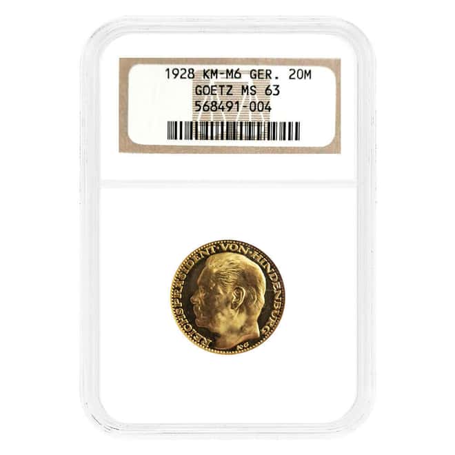 1928 Germany Paul von Hindenburg 20 Marks Pattern Gold Medal Karl Goetz NGC MS 63