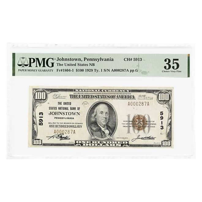 1929 $100 US National Currency Note Johnstown, Pennsylvania PMG VF 35 (Ink)