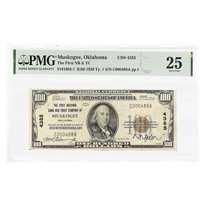 1929 $100 US National Currency Note Muskogee, Oklahoma PMG VF 25