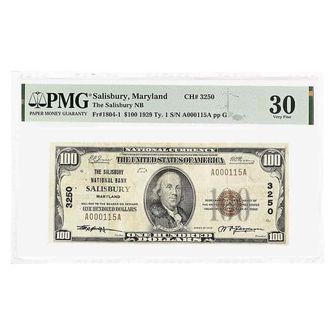 1929 $100 US National Currency Note Salisbury, Maryland PMG VF 30 (Stains, Pinholes)