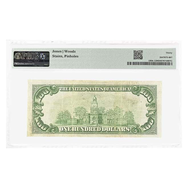 1929 $100 US National Currency Note Salisbury, Maryland PMG VF 30 (Stains, Pinholes)