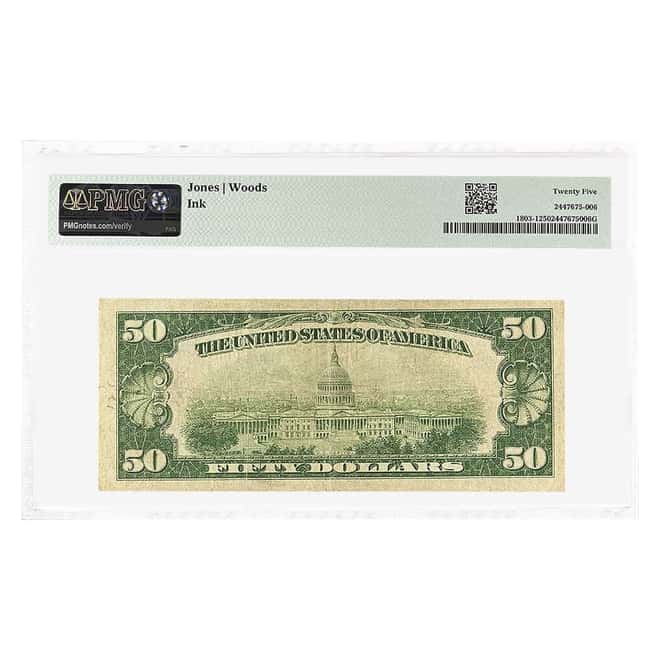 1929 $50 US National Currency Note Rutherford, NJ PMG VF 25 (Ink)