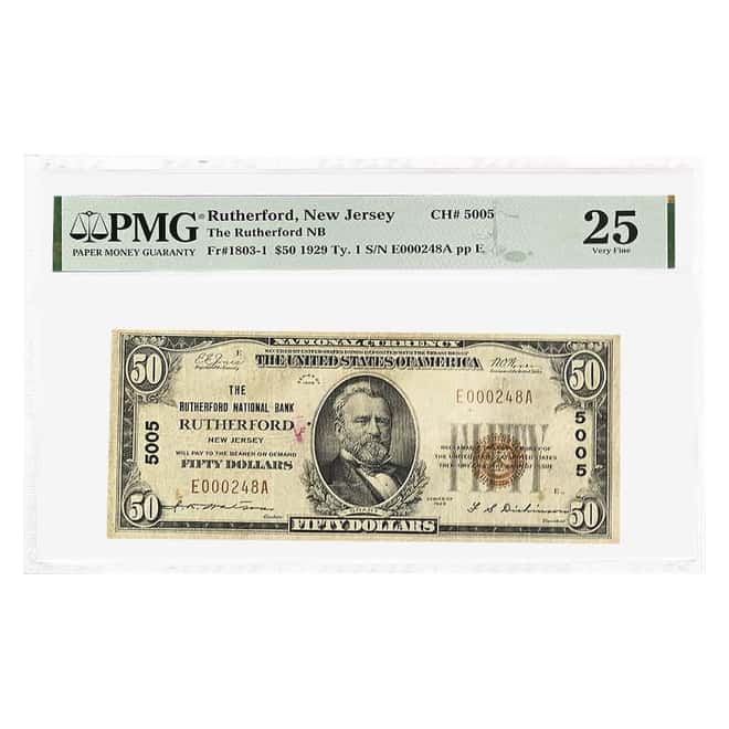 1929 $50 US National Currency Note Rutherford, NJ PMG VF 25 (Ink)