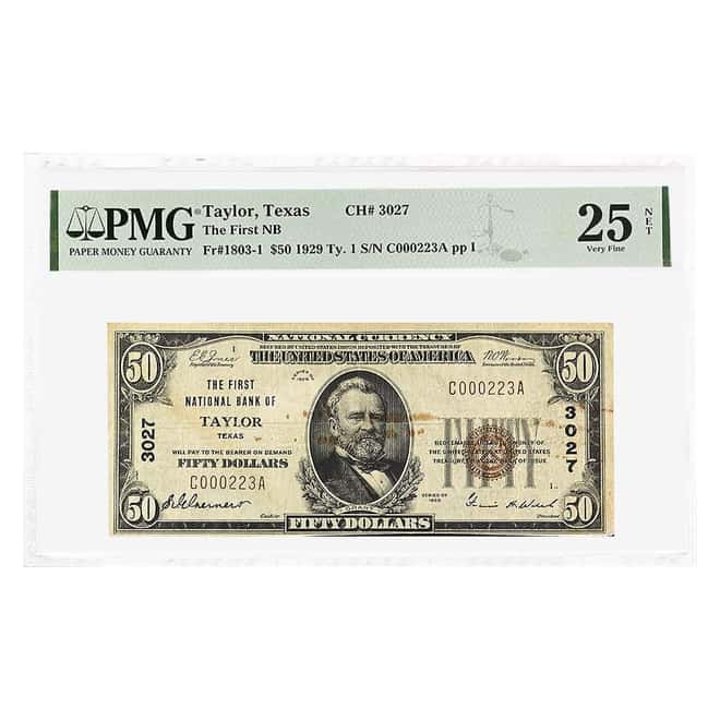 1929 $50 US National Currency Note Taylor, Texas PMG VF 25 NET (Rust)