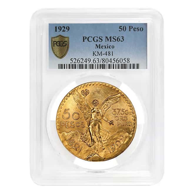 1929 Mexico 50 Pesos Gold Coin PCGS MS 63