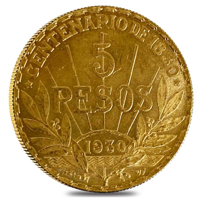 1930 Uruguay 5 Pesos Gold Coin Avg Circ AGW .2502 oz