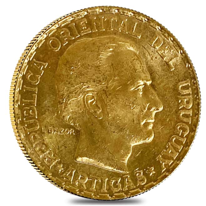 1930 Uruguay 5 Pesos Gold Coin Avg Circ AGW .2502 oz