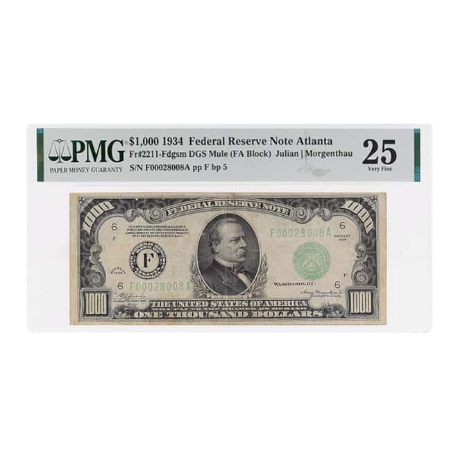 1934 $1000 Federal Reserve Currency Note Atlanta PMG VF 25