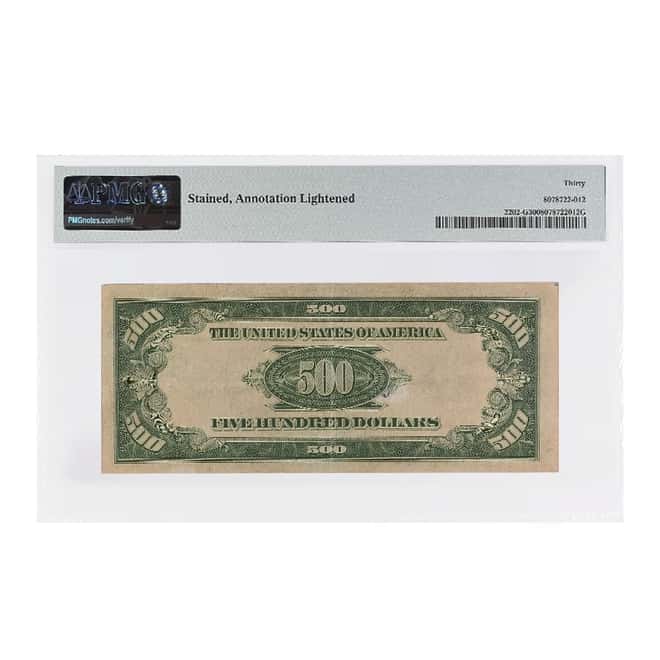 1934 A $500 Federal Reserve Currency Note Chicago PMG VF 30 (Stained, Annotation Lightened)